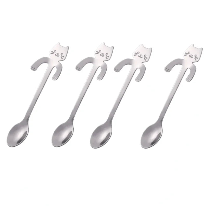 Ihomed 4pcs Stainless Steel Cute Cat Spoons Coffee Tea Ice Cream Teaspoons Spoon Dessert Snack Scoops Home Flatware Kitchen Accessories