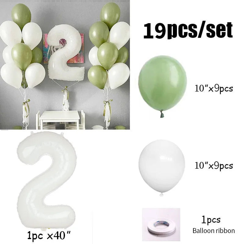 Ihomed 19pcs 40inch White Retro Green Number Foil Balloons Happy Birthday Party Decorations Kids Boy Girl 1 2 3 4 5 6 7 8 9 Year Old