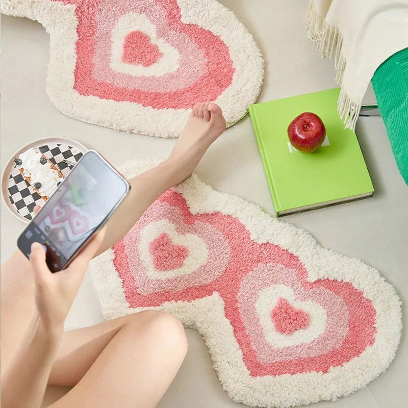 Ihomed Long Tufting Pink Living Room Carpet Heart Shape Bathmat Bedside Rug Soft Bedroom Bathroom Mat Floor Pad Aesthetic Home Decor