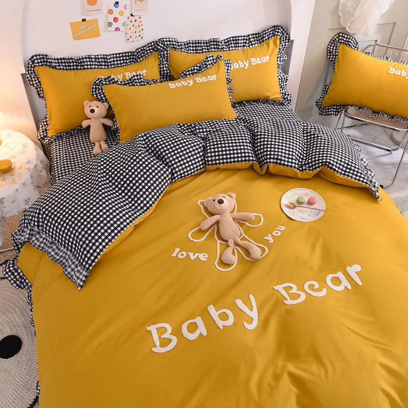 Ihomed Cartoon Bear Kids Bedding Set Washed Cotton Flat Sheet Lace Quilt Cover Kawaii Bedclothes Decor Home Textiles