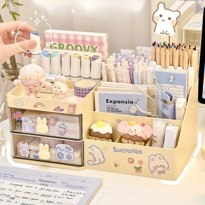 Ihomed Desktop Cosmetic Storage Box Organizer Drawer Office Storage Rack Stationery Desk Pen Holder Bunny Drawer Organizer Cute Kawaii