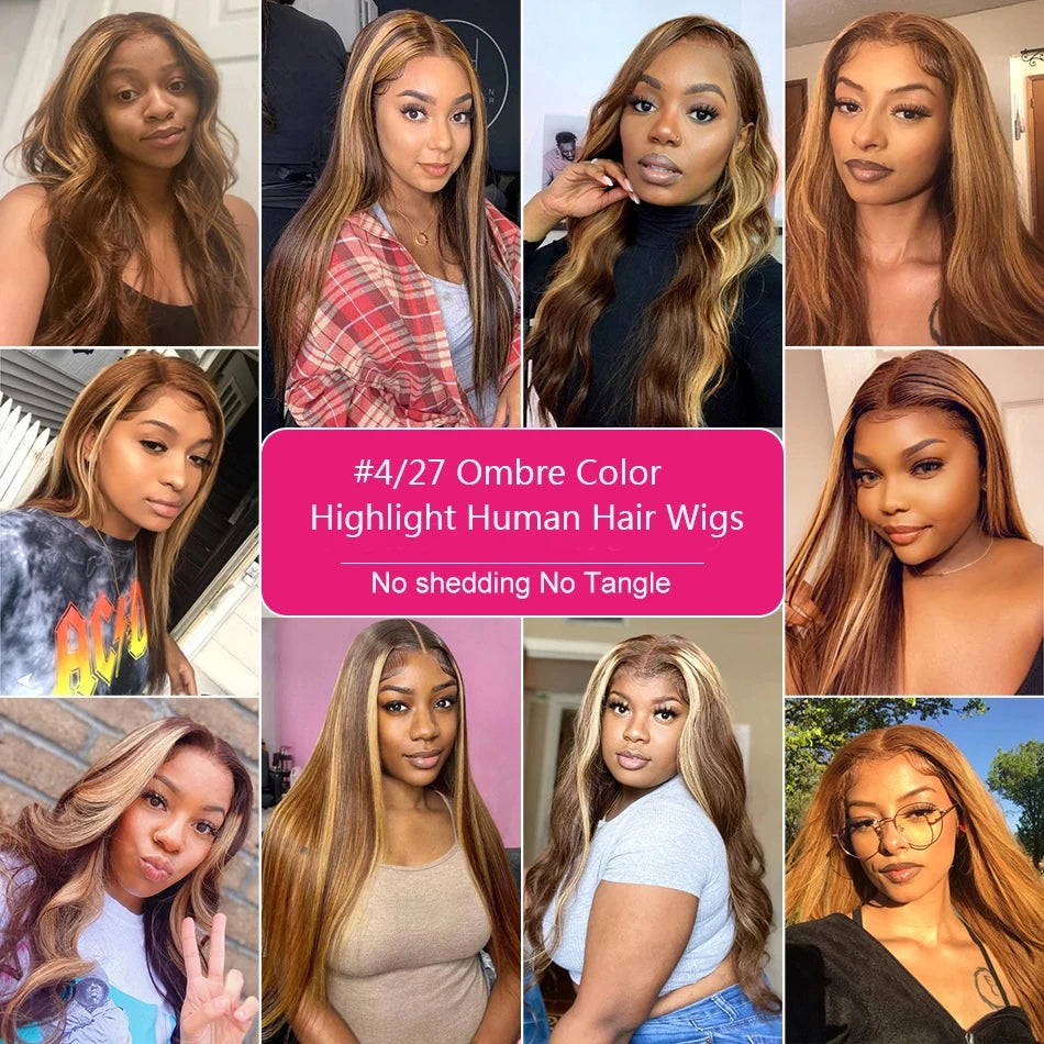 Ihomed 36 Inch Straight Highlight Wigs Human Hair 100% Pre Plucked Honey Blonde Colored 13x6 Transparent Lace Frontal Wig For Women