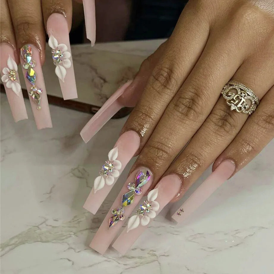 Ihomed 24Pcs Glitter Ballet False Nails Long Coffin Fake Nails with Flower Design Gold Powder French Press on Nails DIY Manicure Tips