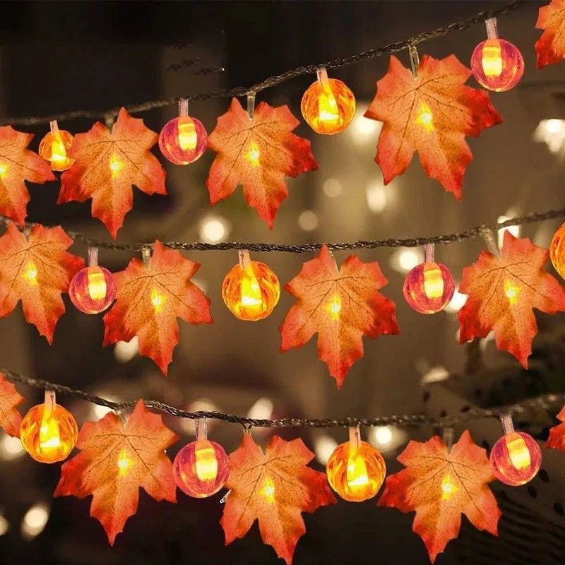 Ihomed Artificial Autumn Maple Leaves Pumpkin Garland LED Fairy String Light Christmas Thanksgiving Decoration DIY Halloween Party Home