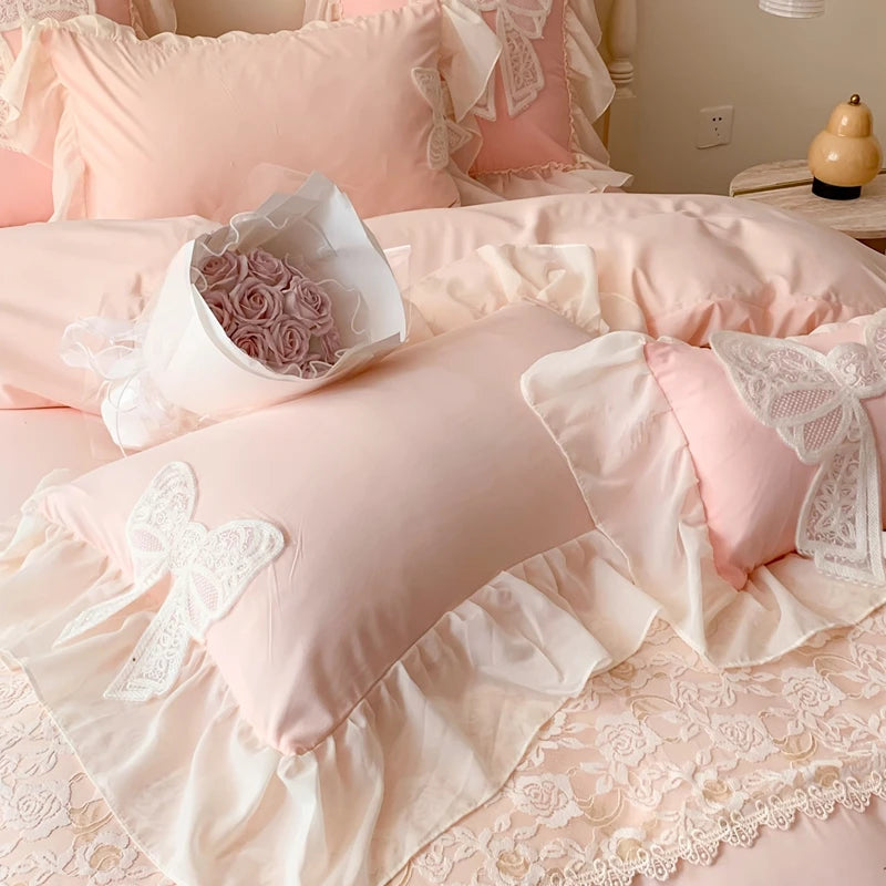 Ihomed Korean Princess Bedding Set Coquette Lace Bow  Beauty Solid Color Lace Ruffle Comforter Sets Luxury Girls Wedding  Duvet Cover