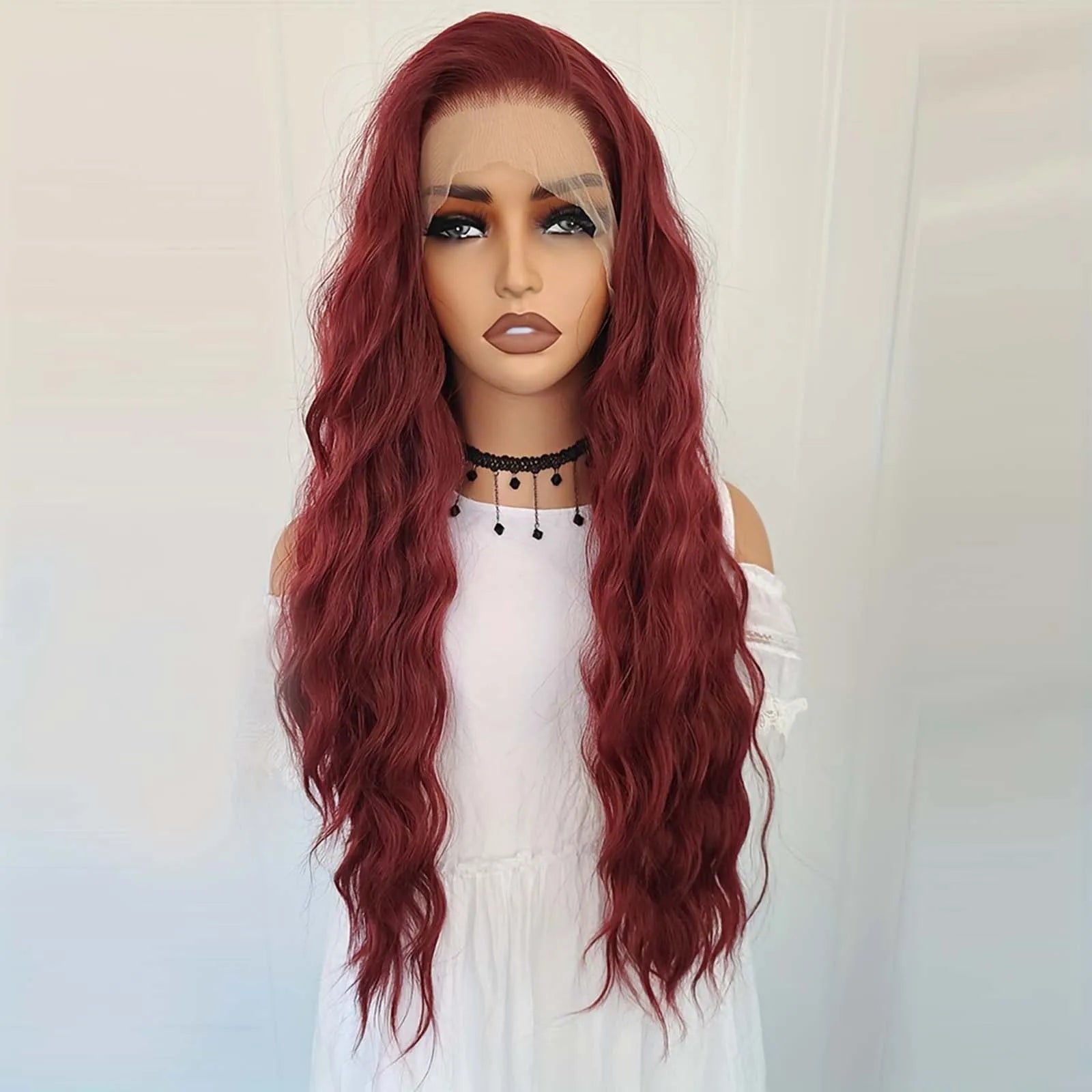 Ihomed Burgundy Wig Long Curly Synthetic Lace Front Wig Natural Wavy Deep Wave Dark Red Colored Hair 13X4 Frontal Wigs for Women Party