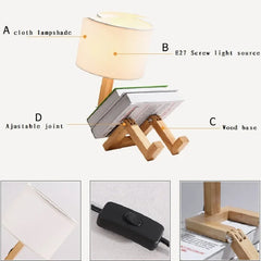 Ihomed Adjusted Robot Shape Table Lamp Wooden Fabric Bedroom Lamp Fold-able Desk Light for Living Room Study Room