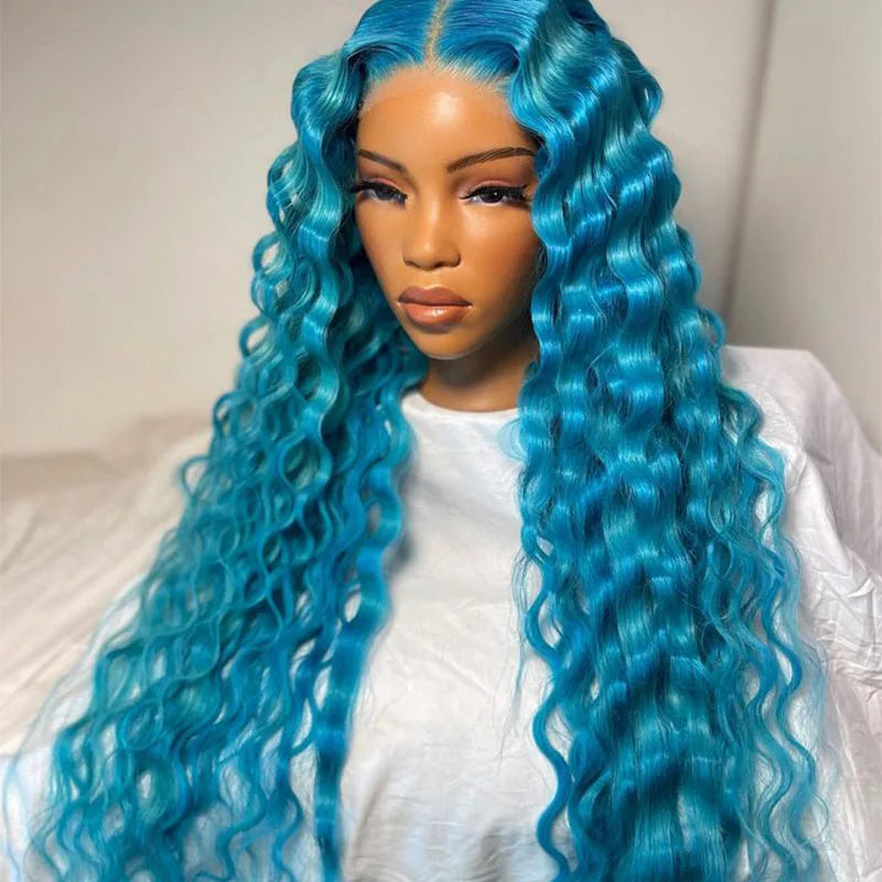 Ihomed Blue Deep Wave Synthetic Lace Front Wig High Temperature Fiber  Lace Wigs for Women Long Hair Wavy Wigs Heat Resistant Cosplay