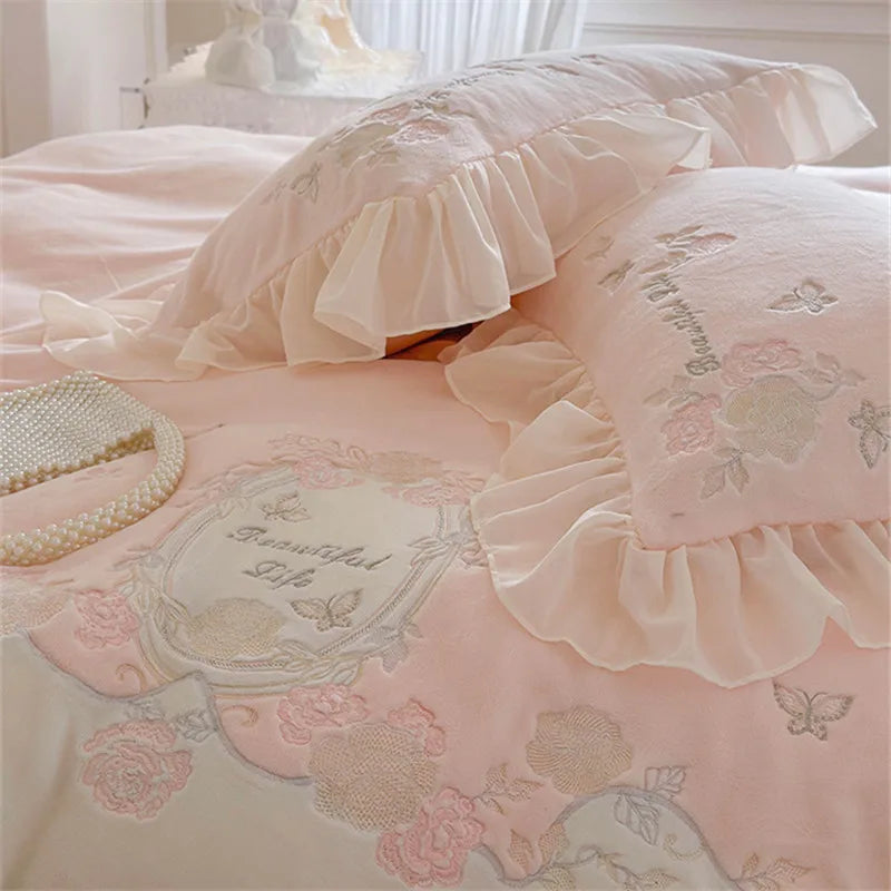 Ihomed French Romantic Bedding Set Luxury Flower Embroidery Princess Pink Ruffle Milk Velvet Quilt Duvet Cover Bed Sheet Set Bedclothes