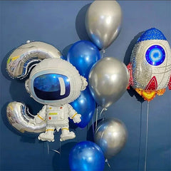 Ihomed 10pcs Astronaut Rocket Number Foil Balloons Happy Birthday Party Decorations Kids Boy 1 2 3 4 5 6 7 8 9 Year Old Space Supplies