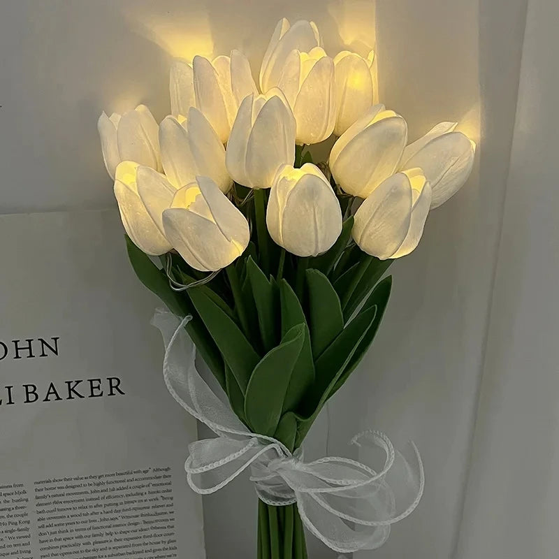 Ihomed 5/10pcs LED Tulips Artificial Flowers PU Tulip Fake Flower Bouquet Night Light for Home Garden Decoration Wedding Birthday Gift