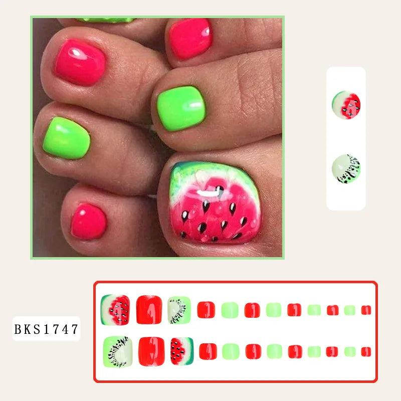 Ihomed 24pcs Summer Watermelon Pattern Fake Toenails Full Cover Press on Toenail Patch Green Red Sqaure Fake Toenail Tips Wearable