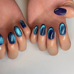 Ihomed 24Pcs Mid-length Round Head False Nails Aurora Fake Nails Design Press on Deep Blue Wearable Nail Tips with Glue