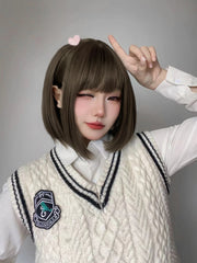 Ihomed 12Inch Lolita Tea Brown Preppy Style Synthetic Wigs With Bang Short Natural Straight Hair Wig For Women Daily Use Heat Resistant