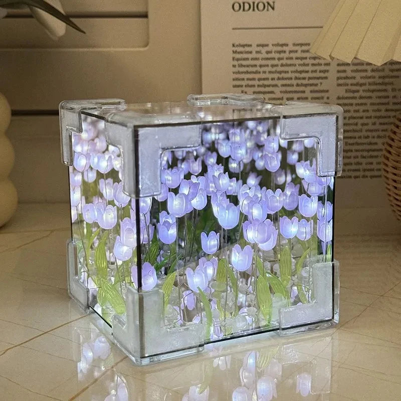 Ihomed DIY Tulip Mirror Cube Lamp Simulation Flower Bedroom Sleeping Table Lamp Handmade Craft Tulips Mirror Night Light Birthday Gift