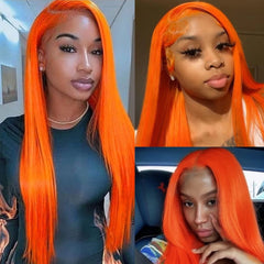 Ihomed Orange Wig Straight Synthetic Lace Front Wig Glueless Wigs for Women Party Cosplay Ready to Wear Bright Neon Hair Lace Frontal