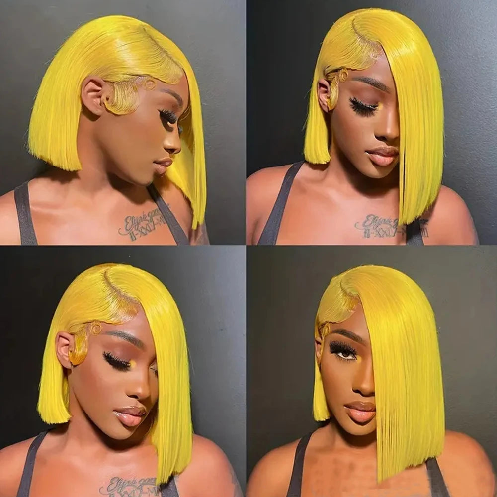 Ihomed Bob Short Straight Human Hair Wigs Yellow Colored Lace Front Wigs For Women Lemon Yellow Straight Bob Wig Lace Frontal Wigs