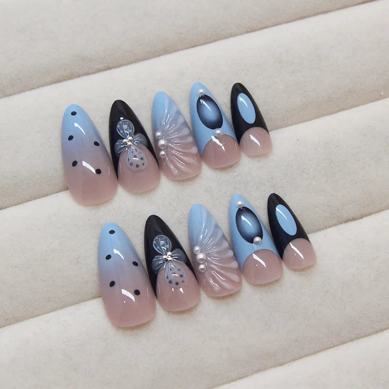 Ihomed 24pcs Blue French False Nails Summer Sea Shell 3D Flower Pearl Fake Nail Tips For Girls Women Ins Fashion Almond Press On Nails