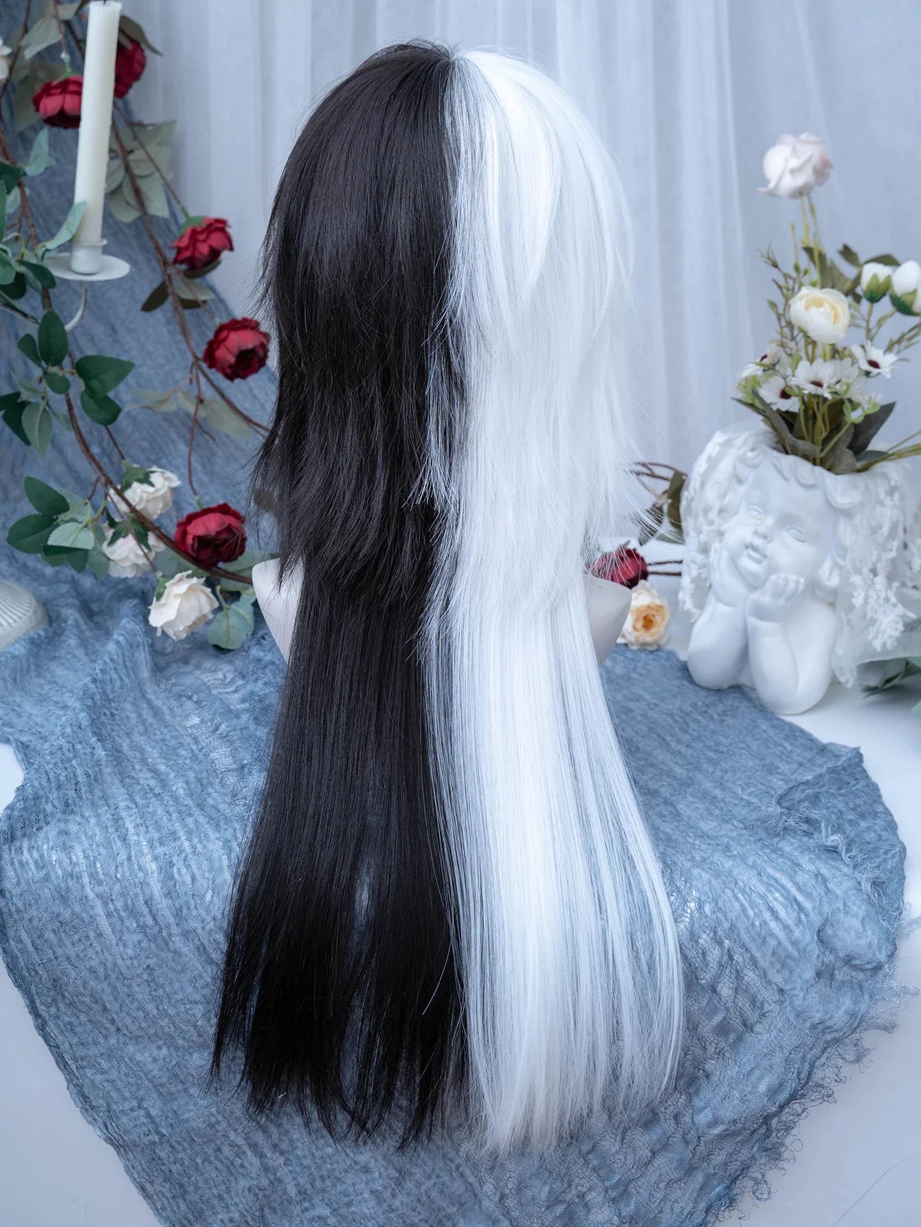 Ihomed 28Inch Black and White Dashing Synthetic Wigs With Bang Long Straight Hair Wig for Man or Women Cosplay Daily Use Heat Resistant