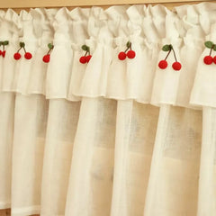 Ihomed Korean Style Fresh Linen Short Curtain for Kitchen Small Window Half Curtain Cherry Decorative Valance Tulle Door Curtain Drape