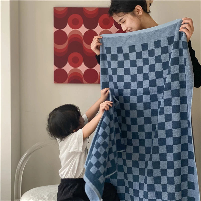 Ihomed Long-Staple Cotton Home Towels, Retro Color Matching Shower Towel, Checkerboard Plaid Face/ Hand/ Bath Towel, Soft Absorbent