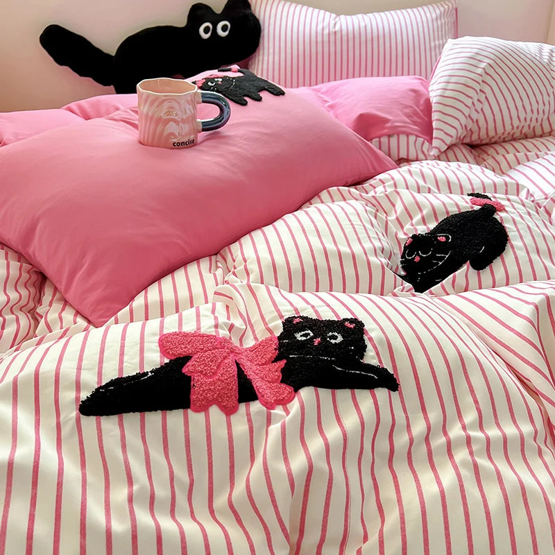 Ihomed Cartoon Kawaii Cat Bedding Set Purple Duvet Cover Flat Sheet Pillowcase Kids Girls Bed Linen Bedspread Full Twin Size NO Filling