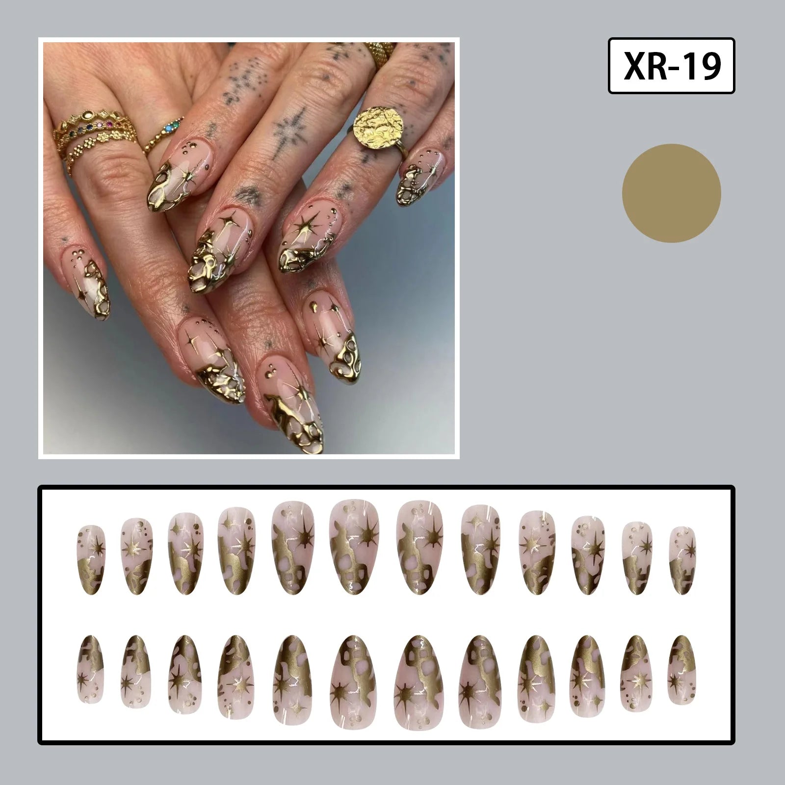 Ihomed 24pcs Gold Baroque False Nails Patch French Gold Star Pattern Fake Nail Almond Wearable Girl Press on nail Tips Manicure Sets