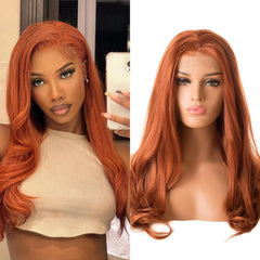 Ihomed Long Wavy Hair Layered Synthetic Lace Front Wig Ginger Orange Curly Natural Wave Auburn Colored 13X4 Frontal Wigs for Women