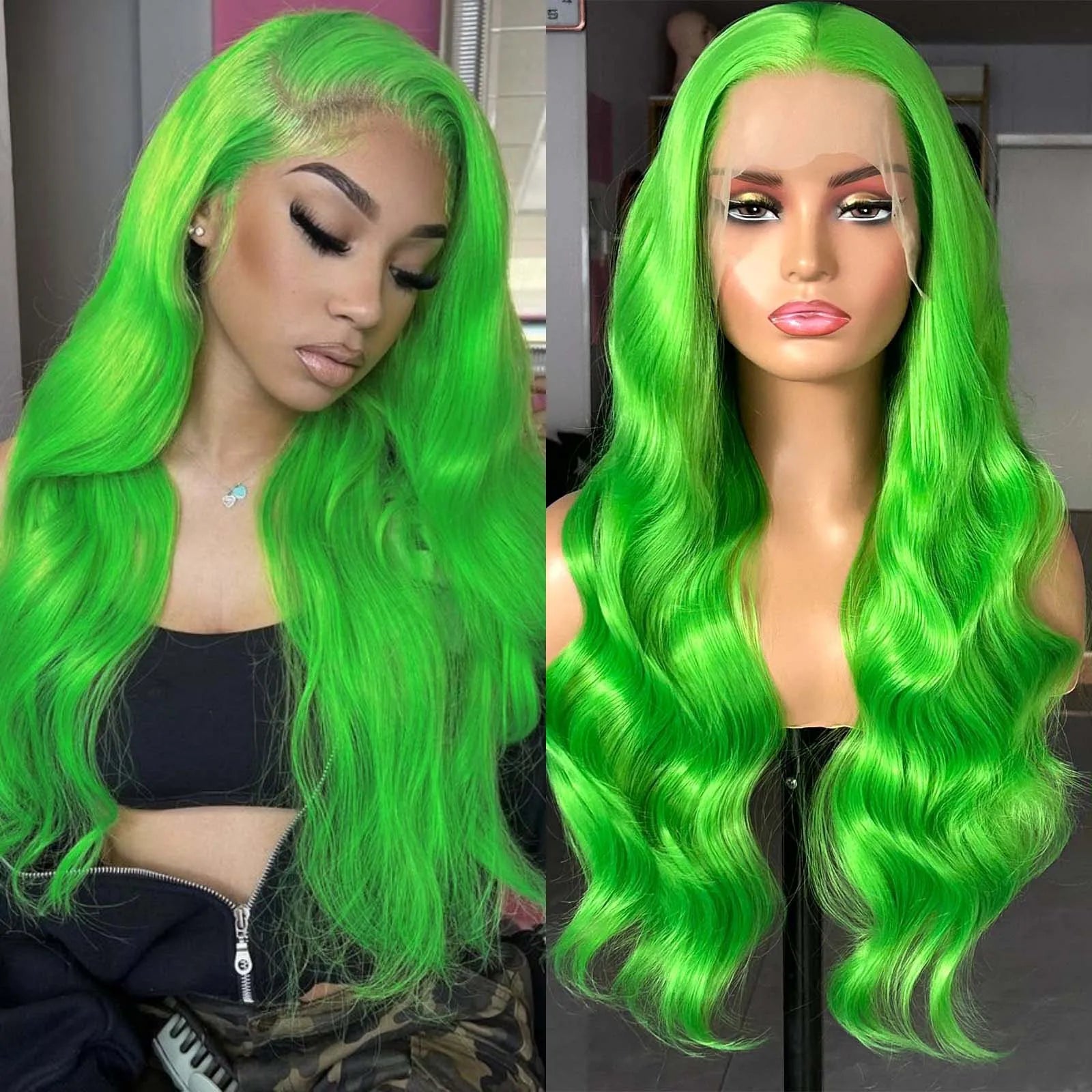 Ihomed Long Curly Wavy Neon Green 13x4 Lace Front Wigs for Women Synthetic Hair Loose Body Wave Frontal Cosplay Party Colored Wigs