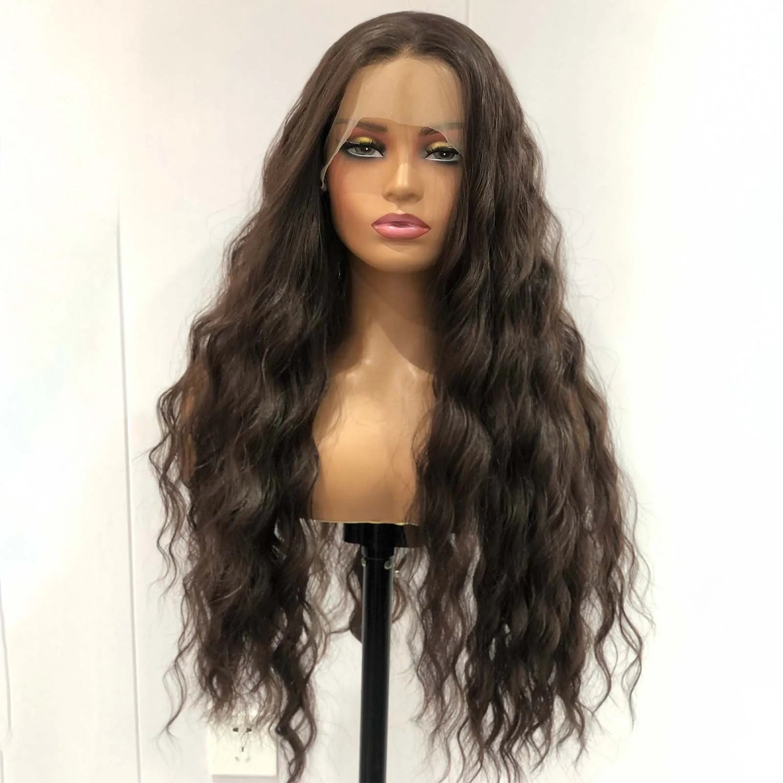 Ihomed Dark Brown Long Curly Wavy Wig Synthetic Lace Front Wig Loose Deep Natural Brunette Colored Hair 13X4 Frontal Wigs for Women