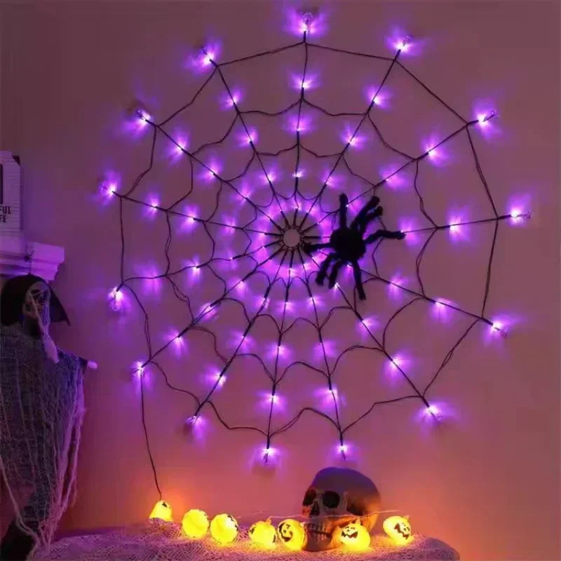 Ihomed Halloween Party Decoration Ambient Lights Orange Purple Halloween Spider Web Lights Decoration Outdoor Indoor Halloween Lights