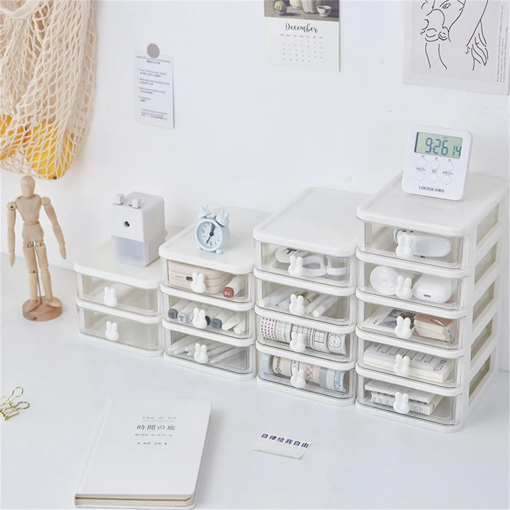 Ihomed Desktop Cosmetic Storage Box Organizer Drawer Office Storage Rack Stationery Desk Pen Holder Bunny Drawer Organizer Cute Kawaii