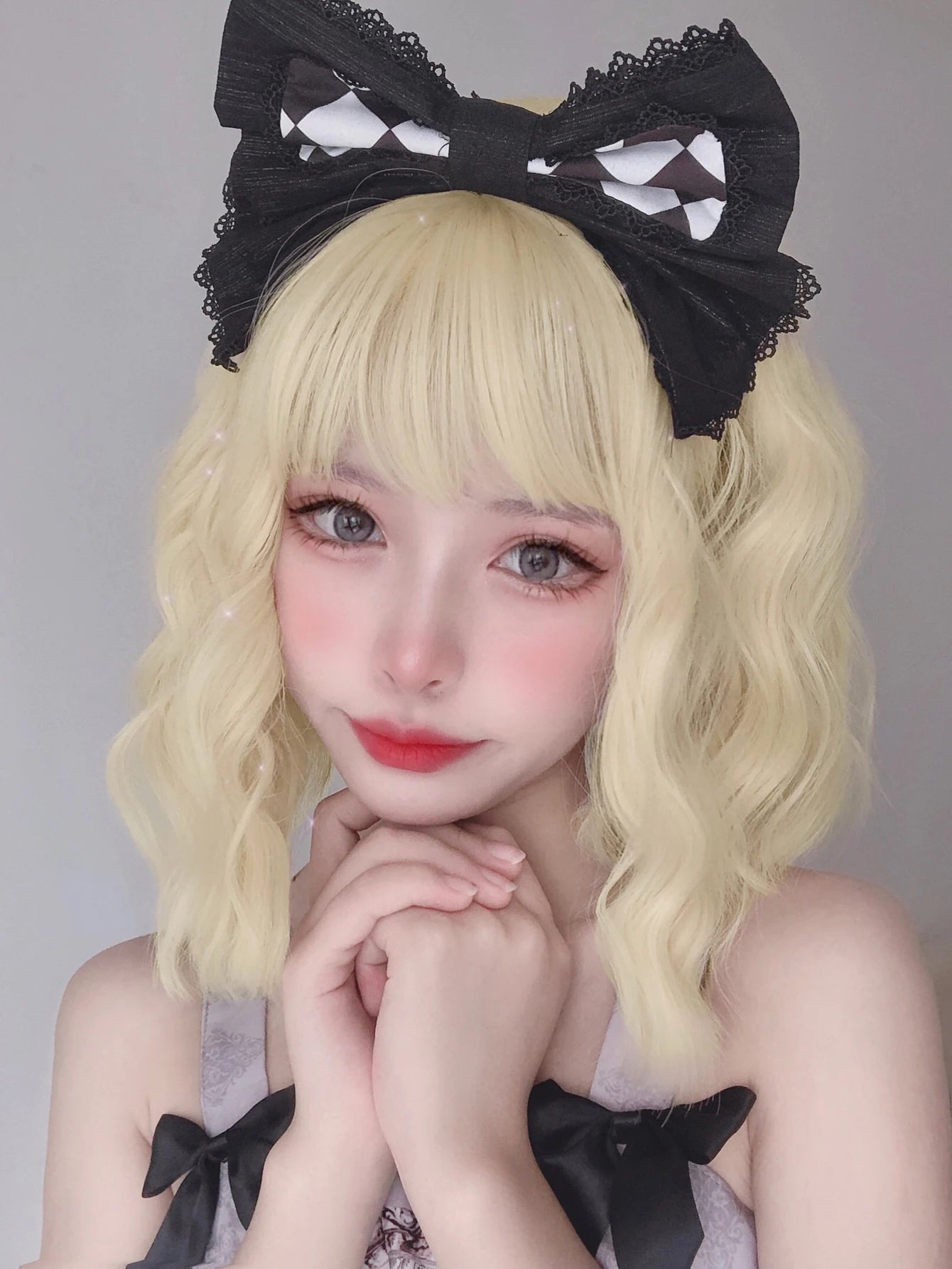 Ihomed 12Inch Blonde Lolita Synthetic Wigs With Bang Short Natural Wavy Hair Wig For Women Daily Use Cosplay Drag Party Heat Resistant