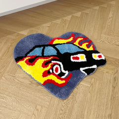 Ihomed Handsome Flame Car Flocking Rug Washable Fluffy Geometric Living Area Kitchen Carpet Pad Anti-slip Rug Home Room Tidy Doormat