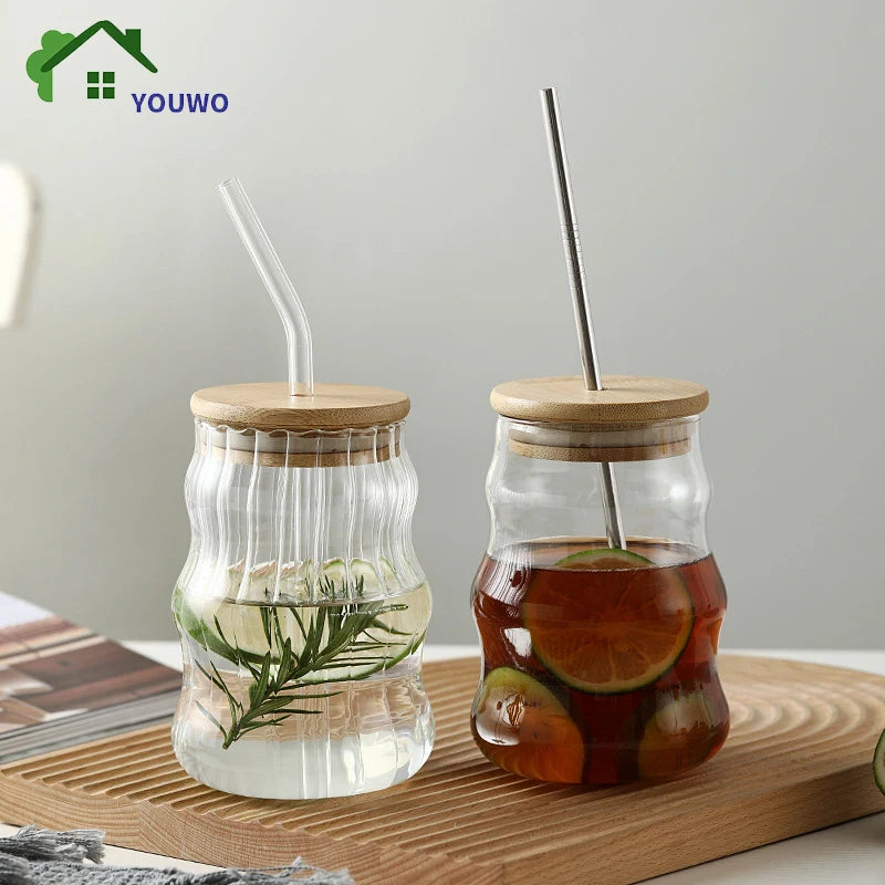 Ihomed 1/2pcs 500ml Glass Tumblers Cups With Straw Mason Jar Clear Juice Coffee Milk Cup With Bamboo Lids Drinkware Stripe Beer Mug