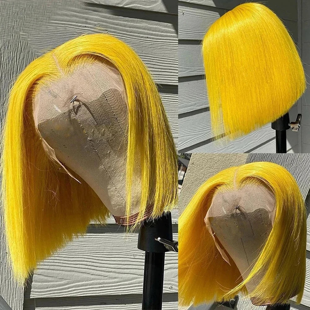 Ihomed Bob Short Straight Human Hair Wigs Yellow Colored Lace Front Wigs For Women Lemon Yellow Straight Bob Wig Lace Frontal Wigs