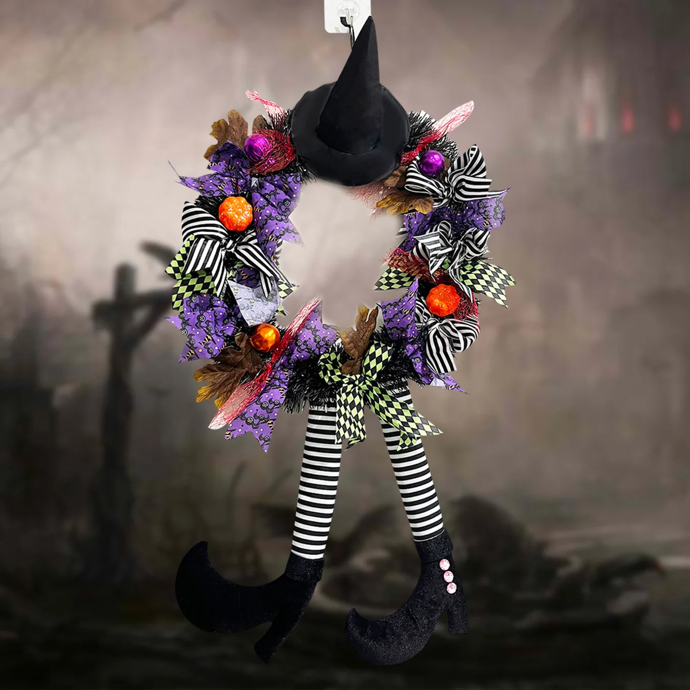 Ihomed Halloween Wreath Long Legged Witch Wall Hanging Front Door Decorative Indoor Outdoor Decoration Pendant