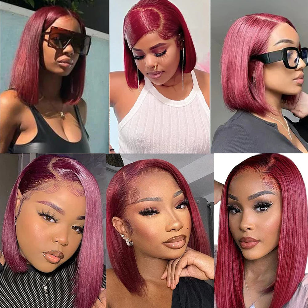 Ihomed 99j Burgundy Short Bob Straight 13x4 Lace Front Wig Human Hair Wigs For Women Red Colored Bob Wigs 200% Density Lace Frontal Wig