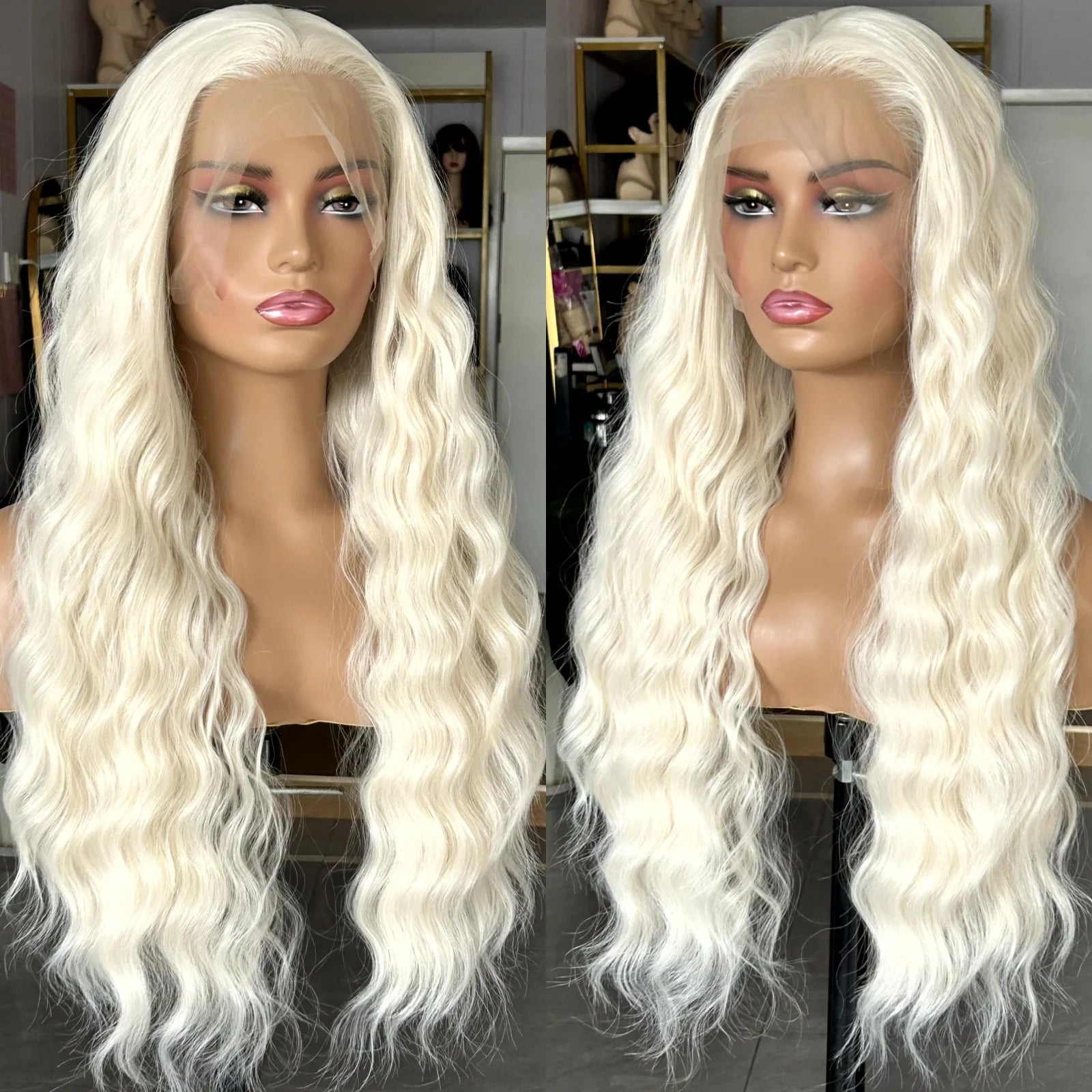 Ihomed Long Wavy White Blonde Hair Synthetic Lace Front Wig for Women Natural Loose Curly Platinum Blonde 13X4 Frontal Wigs for Women