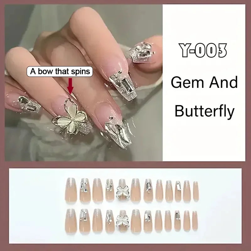 Ihomed 24pcs/box Fake Nails Press on Reusable with Designs Set French Artificial Aurora Diamond False Tipsy Stick-on Nails Tips Art