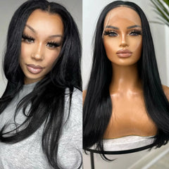 Ihomed Long Black Wig Synthetic Lace Front Wig Natural Wavy Jet Black Long Straight Hair 13x4 Frontal Colored Wigs for Women Daily