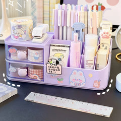 Ihomed Ins Kawaii Desk Organizer Storage Box Cute Bear Handle Drawer Stationery Pen Holder Sticky Note Tape Storage Box Organizer Rack