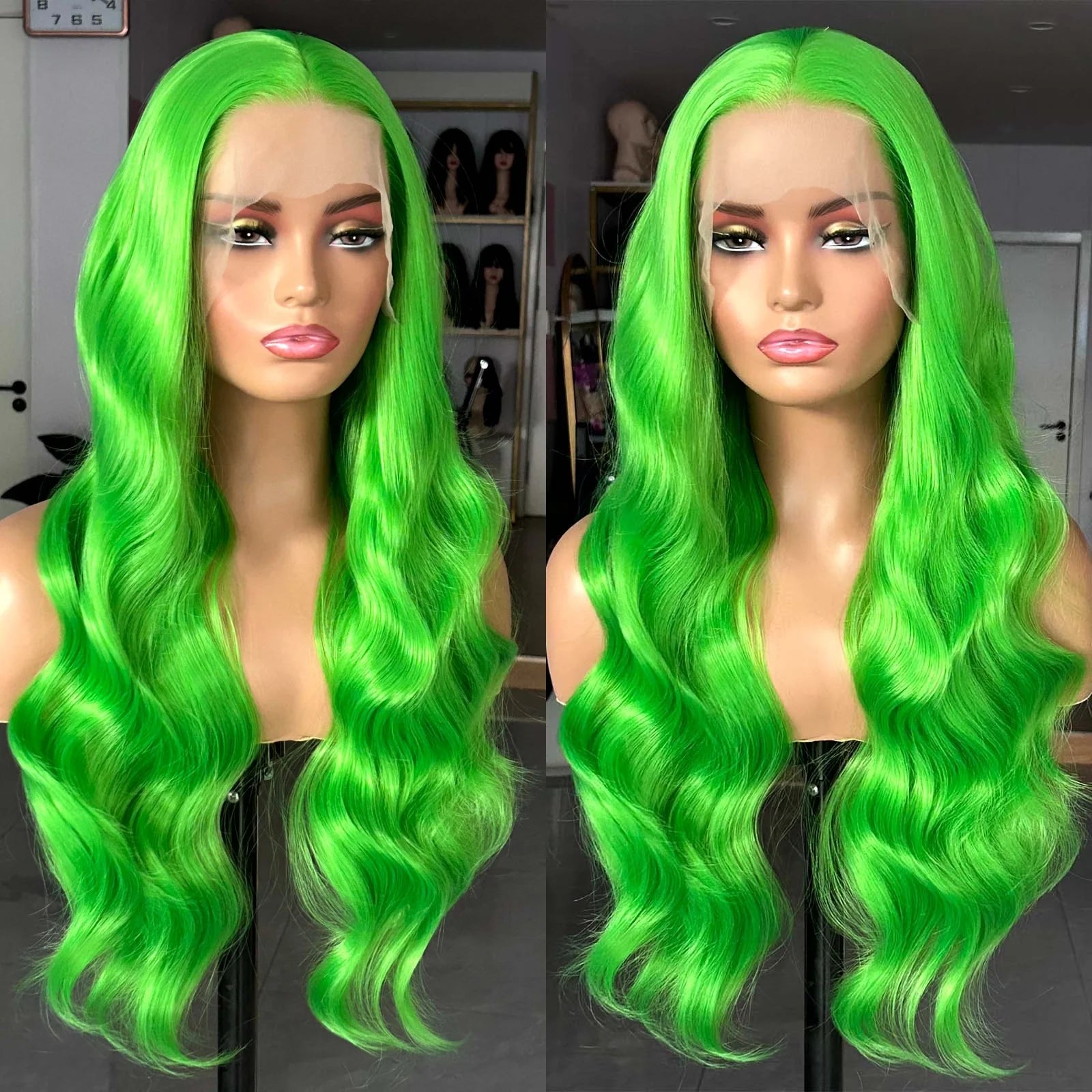 Ihomed Long Curly Wavy Neon Green 13x4 Lace Front Wigs for Women Synthetic Hair Loose Body Wave Frontal Cosplay Party Colored Wigs