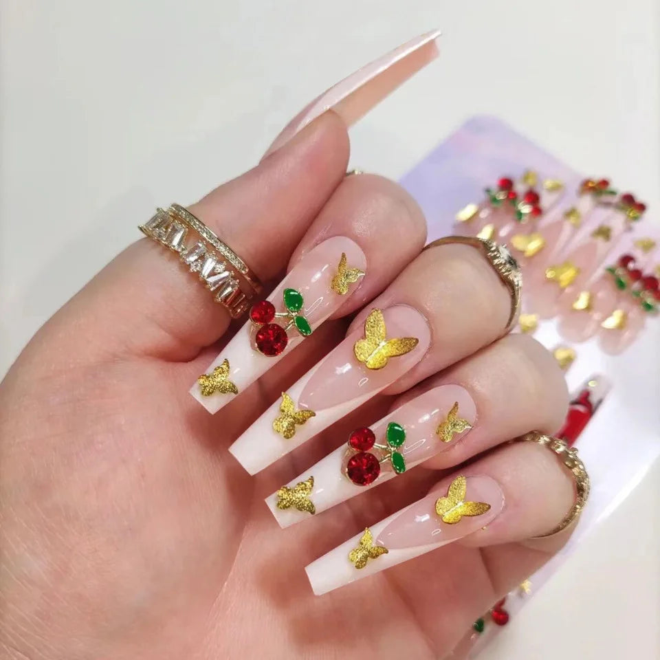 Ihomed 24Pcs Glitter Ballet False Nails Long Coffin Fake Nails with Flower Design Gold Powder French Press on Nails DIY Manicure Tips