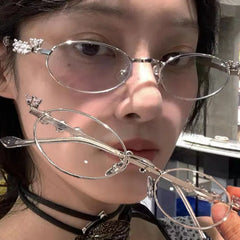 Ihomed Y2K Metal Oval Shades Women Men Rhinestone Diamonds Sunglasses 2024 Unisex Bling Eyeglasses Frames Uv400 Fashion Eyewear Glasses