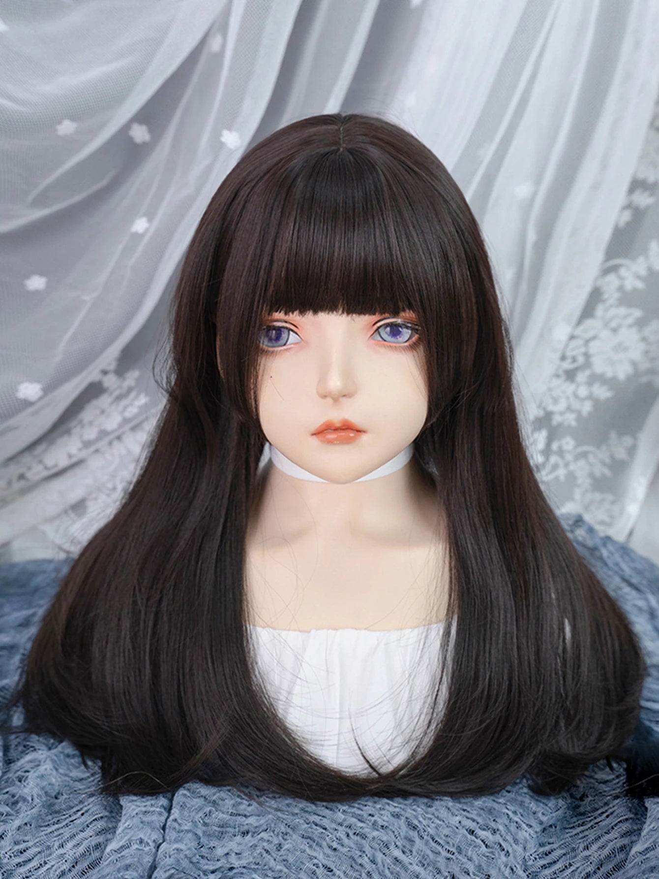 Ihomed 22Inch Black Japanese Hime Cut Synthetic Wigs with Bang Long Natural Straight Hair Mechanism Wig for Women Daily Heat Resistant