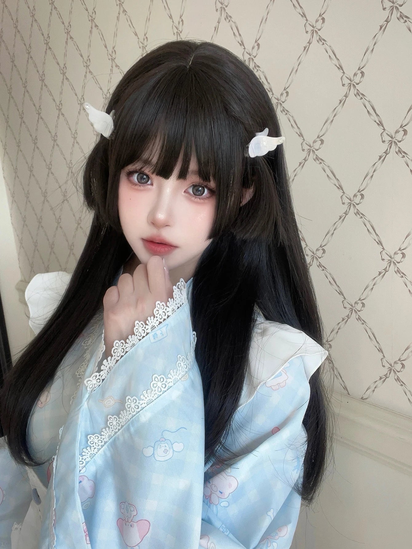 Ihomed 22Inch Black Lolita Hime Cut Synthetic Wigs with Bang Long Natural Straight Hair Wig for Women Daily Use Cosplay Heat Resistant