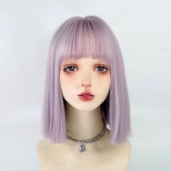 Ihomed Purple Blue Mix Short Bob Straight Women Synthetic Wig with Bangs Lolita Cosplay Fluffy Hair Wig for Daily Party