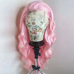 Ihomed Light Pastel Pink Lace Front Synthetic Frontal Wigs for Women Long Wavy Loose Wave Curly Hair Wig Daily Party Cosplay