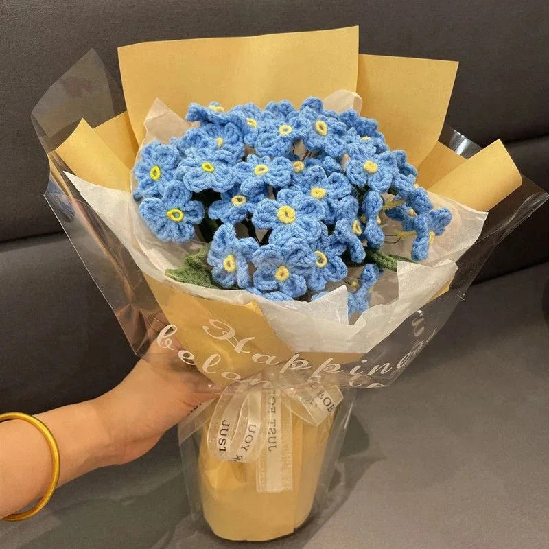 Ihomed Homemade Hand Knitted Myosotis Finished Artificial Crochet Bouquets DIY Flower Milk Cotton Gift Home DecorGraduation Gift